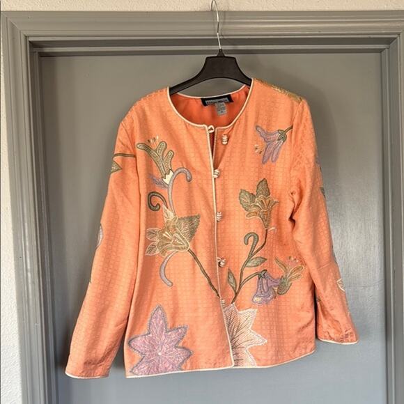 INDIGO MOON BOHO JACKET PEACH EMBROIDERED FLORAL DESIGN, CERAMIC BUTTONS, sz XL - Picture 1 of 5